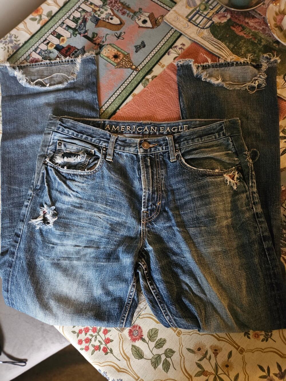 American Eagle Mens Distressed Jeans Blue Bootcut Y2K Raw Hem 34x34